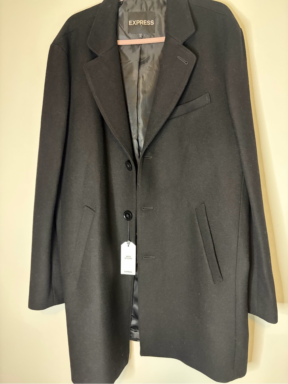 NWT Express Men's Recycled Wool Blend Water Resistant Topcoat Black Size XL